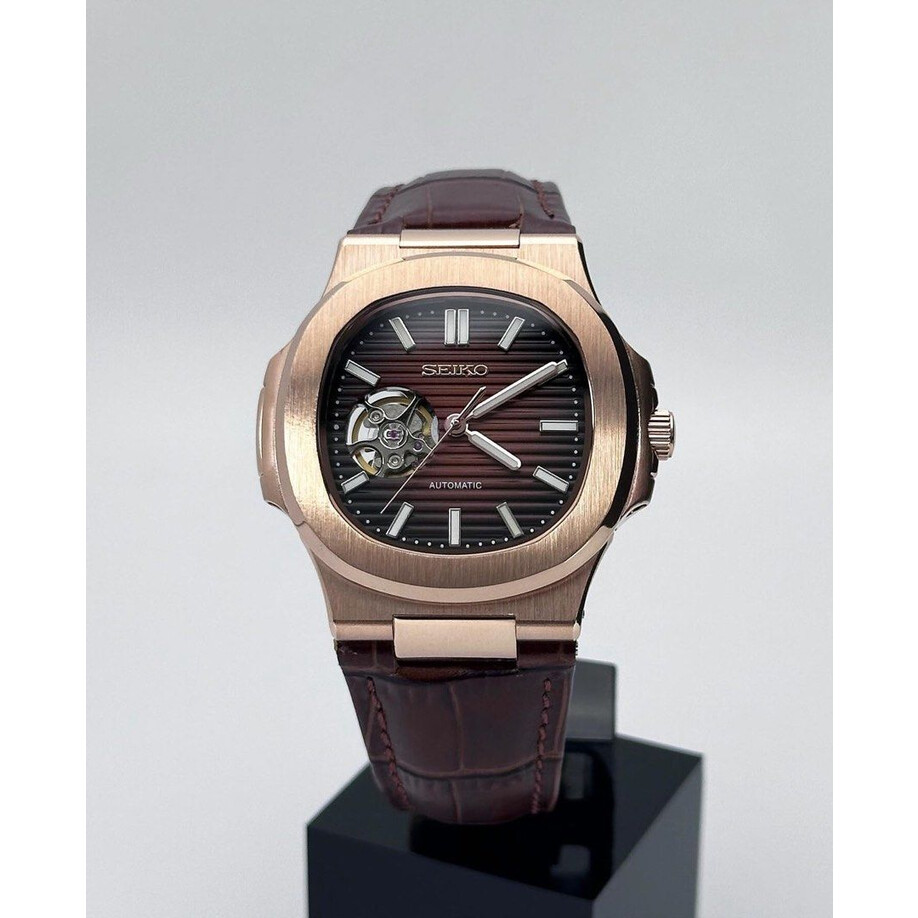 Custom Seiko Mod • Rose Gold Brown Open Heart Nautilus on Leather • 40mm